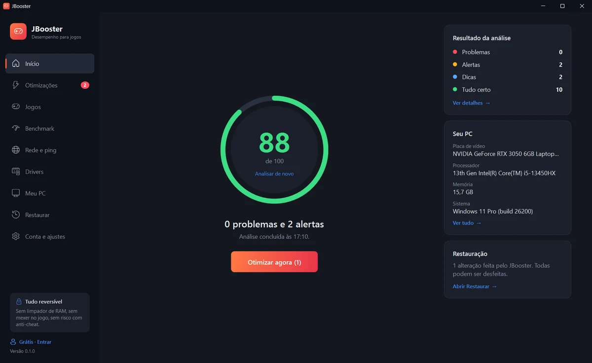 Tela inicial do JBooster: nota 88 de 100, 0 problemas e 2 alertas, com a ficha do PC ao lado.
